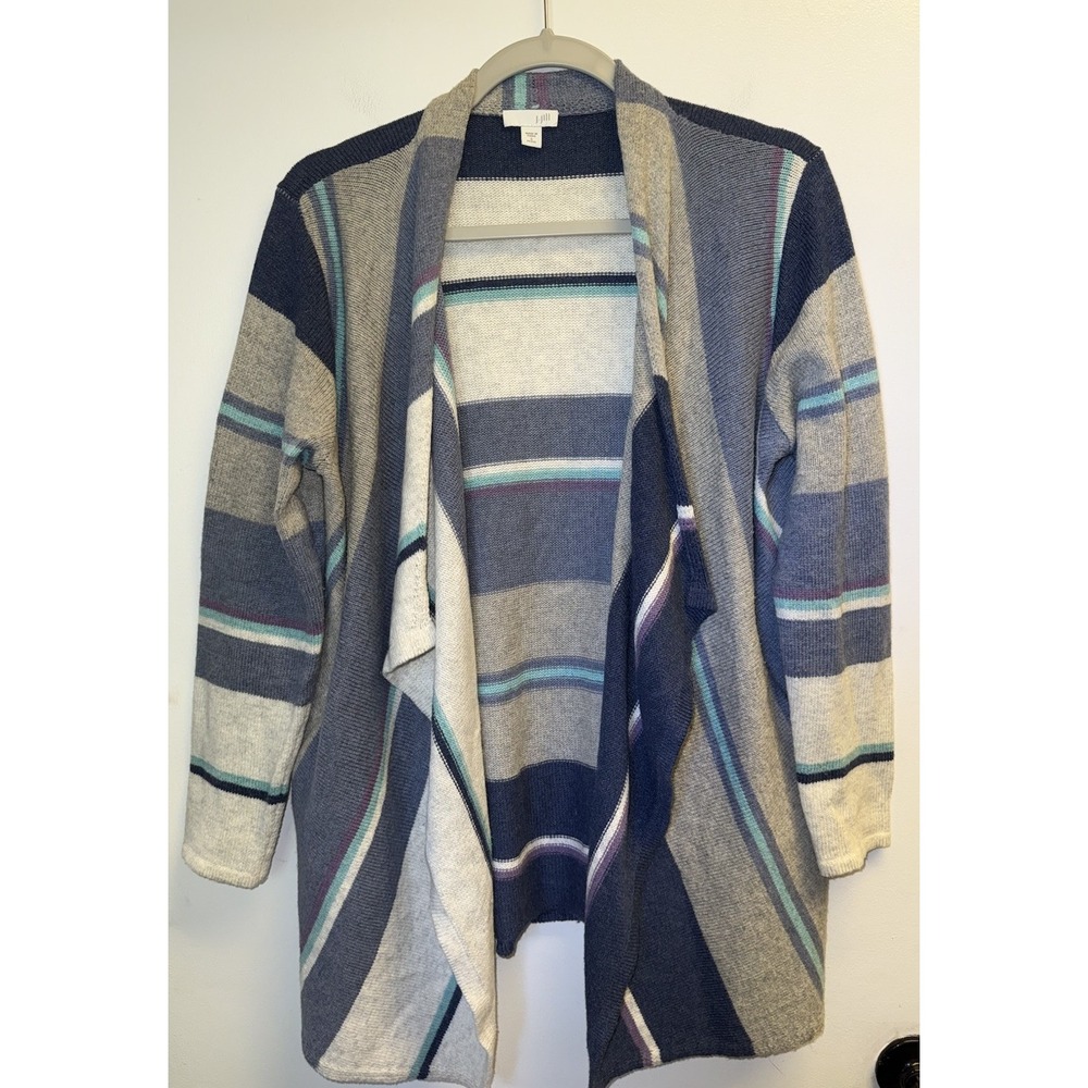 J Jill Sweater Open Cardigan Knit Stripes Blue Gray Stretch Waterfall Small Pet